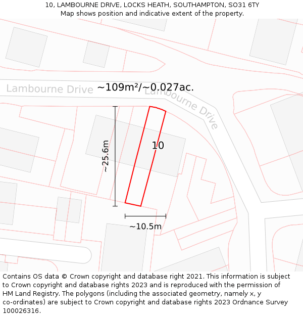 10, LAMBOURNE DRIVE, LOCKS HEATH, SOUTHAMPTON, SO31 6TY: Plot and title map