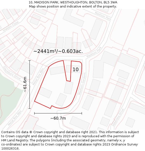 10, MADISON PARK, WESTHOUGHTON, BOLTON, BL5 3WA: Plot and title map