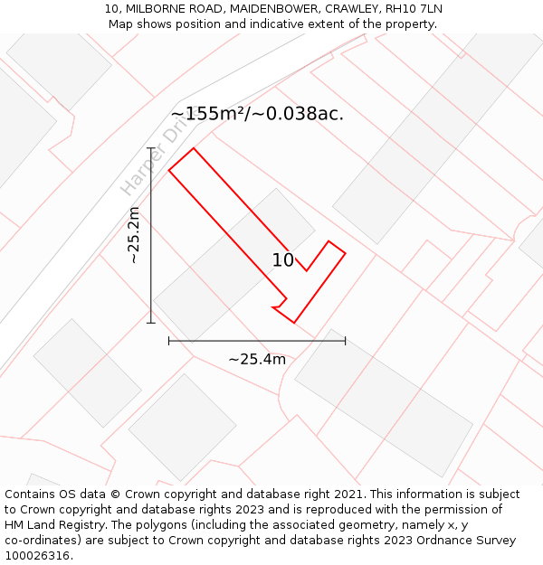 10, MILBORNE ROAD, MAIDENBOWER, CRAWLEY, RH10 7LN: Plot and title map