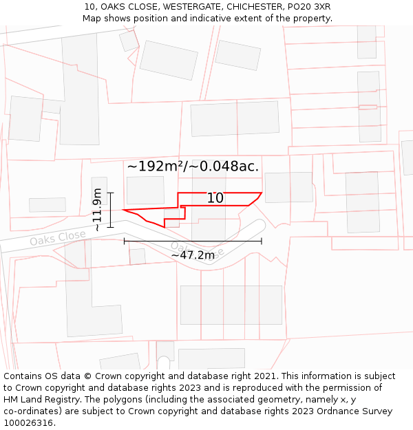 10, OAKS CLOSE, WESTERGATE, CHICHESTER, PO20 3XR: Plot and title map