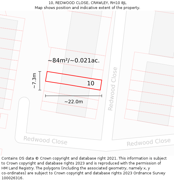 10, REDWOOD CLOSE, CRAWLEY, RH10 8JL: Plot and title map