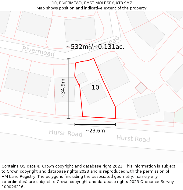 10, RIVERMEAD, EAST MOLESEY, KT8 9AZ: Plot and title map