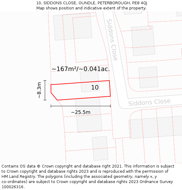 10, SIDDONS CLOSE, OUNDLE, PETERBOROUGH, PE8 4QJ: Plot and title map