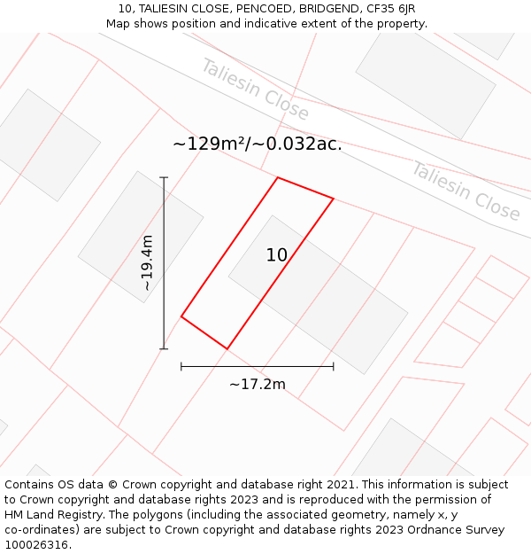 10, TALIESIN CLOSE, PENCOED, BRIDGEND, CF35 6JR: Plot and title map