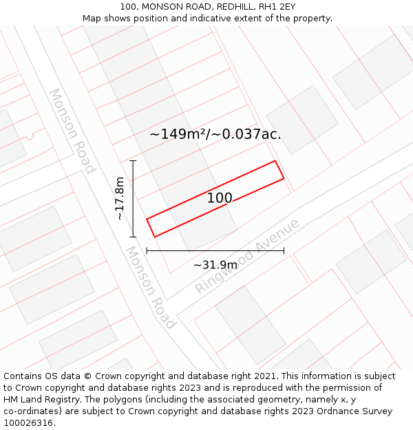 100, MONSON ROAD, REDHILL, RH1 2EY: Plot and title map