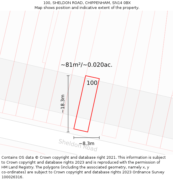 100, SHELDON ROAD, CHIPPENHAM, SN14 0BX: Plot and title map