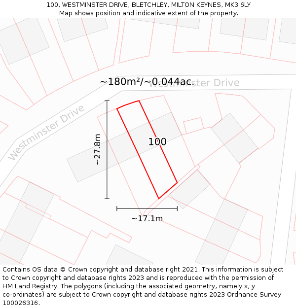 100, WESTMINSTER DRIVE, BLETCHLEY, MILTON KEYNES, MK3 6LY: Plot and title map