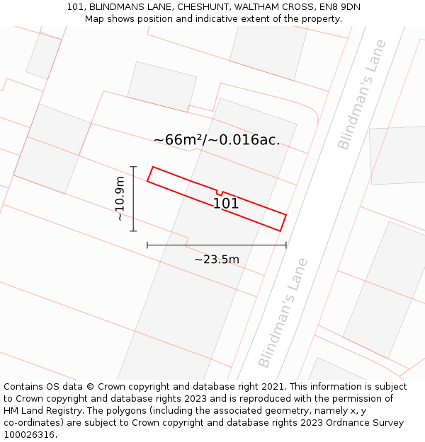 101, BLINDMANS LANE, CHESHUNT, WALTHAM CROSS, EN8 9DN: Plot and title map