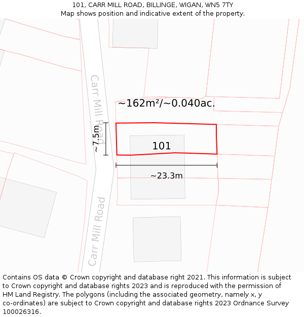 101, CARR MILL ROAD, BILLINGE, WIGAN, WN5 7TY: Plot and title map