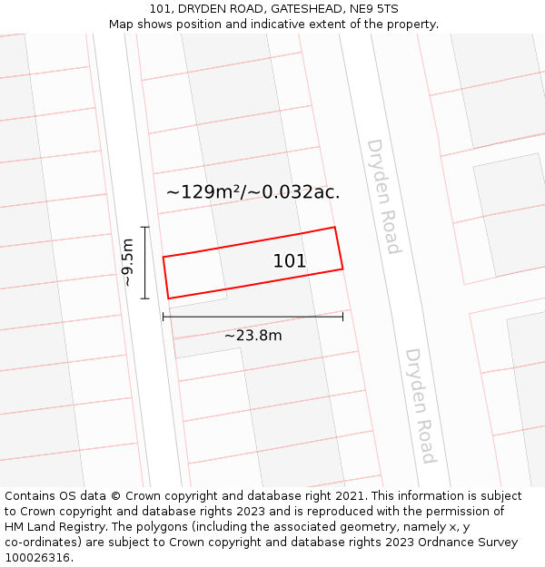 101, DRYDEN ROAD, GATESHEAD, NE9 5TS: Plot and title map