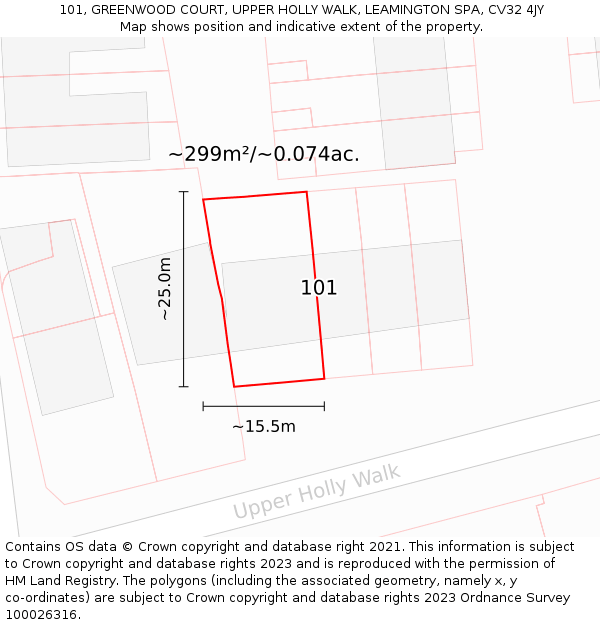 101, GREENWOOD COURT, UPPER HOLLY WALK, LEAMINGTON SPA, CV32 4JY: Plot and title map