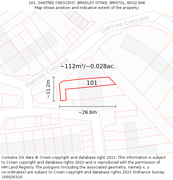 101, OAKTREE CRESCENT, BRADLEY STOKE, BRISTOL, BS32 9AE: Plot and title map