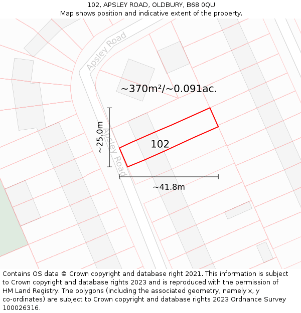 102, APSLEY ROAD, OLDBURY, B68 0QU: Plot and title map
