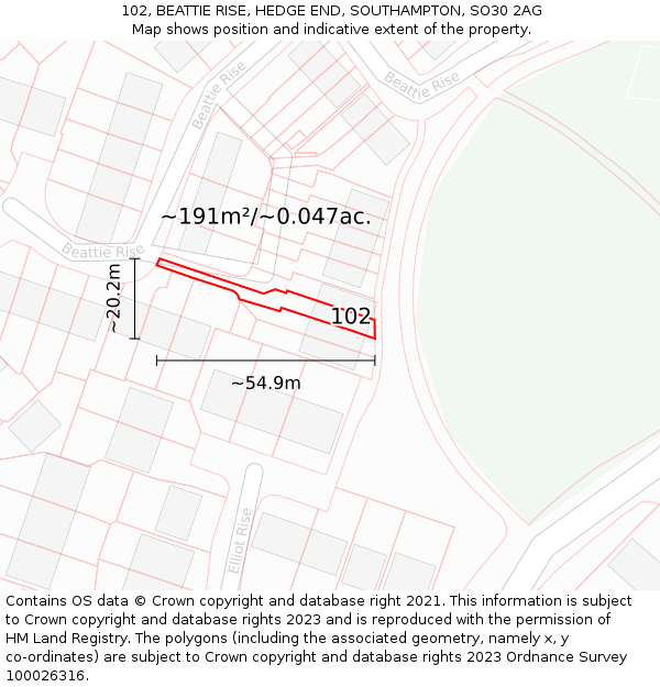 102, BEATTIE RISE, HEDGE END, SOUTHAMPTON, SO30 2AG: Plot and title map
