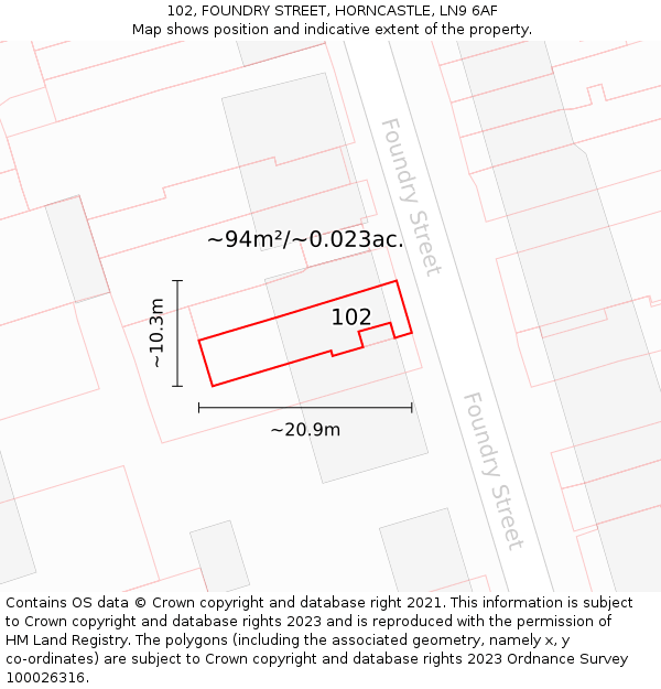 102, FOUNDRY STREET, HORNCASTLE, LN9 6AF: Plot and title map