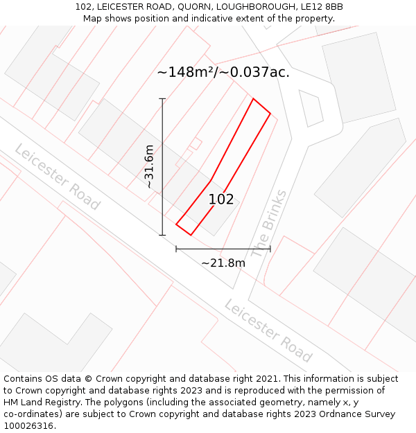 102, LEICESTER ROAD, QUORN, LOUGHBOROUGH, LE12 8BB: Plot and title map