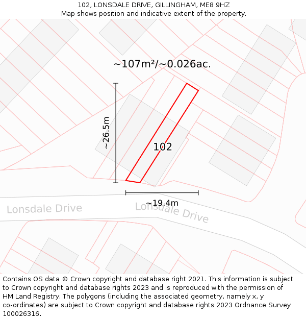 102, LONSDALE DRIVE, GILLINGHAM, ME8 9HZ: Plot and title map