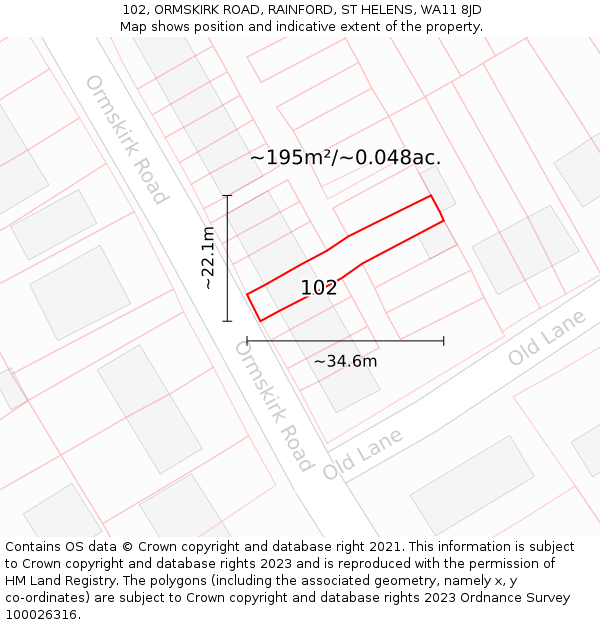 102, ORMSKIRK ROAD, RAINFORD, ST HELENS, WA11 8JD: Plot and title map