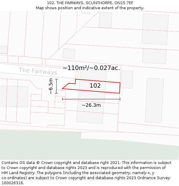 102, THE FAIRWAYS, SCUNTHORPE, DN15 7EF: Plot and title map