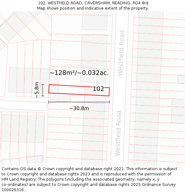 102, WESTFIELD ROAD, CAVERSHAM, READING, RG4 8HJ: Plot and title map