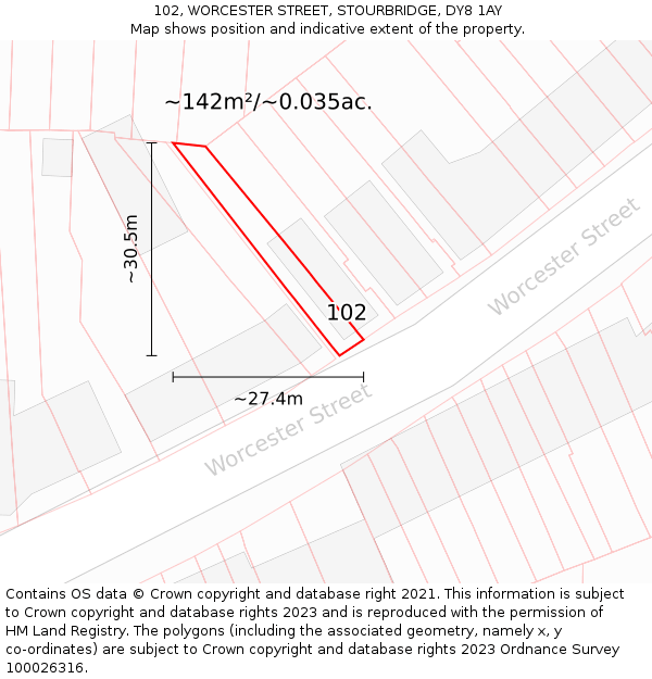 102, WORCESTER STREET, STOURBRIDGE, DY8 1AY: Plot and title map