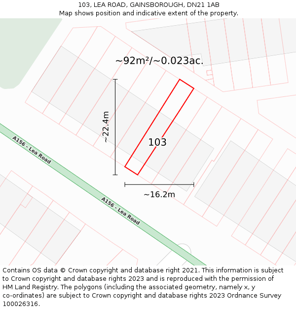 103, LEA ROAD, GAINSBOROUGH, DN21 1AB: Plot and title map