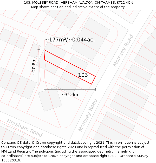 103, MOLESEY ROAD, HERSHAM, WALTON-ON-THAMES, KT12 4QN: Plot and title map