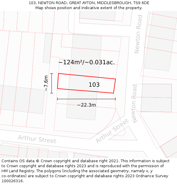 103, NEWTON ROAD, GREAT AYTON, MIDDLESBROUGH, TS9 6DE: Plot and title map