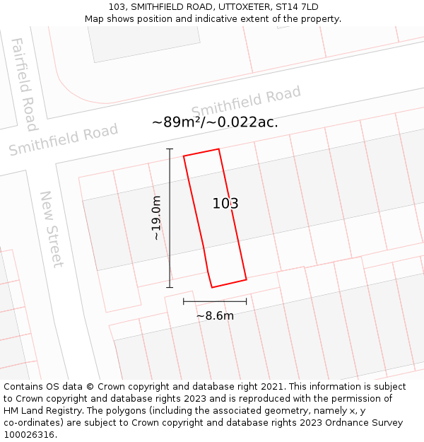 103, SMITHFIELD ROAD, UTTOXETER, ST14 7LD: Plot and title map