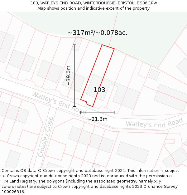 103, WATLEYS END ROAD, WINTERBOURNE, BRISTOL, BS36 1PW: Plot and title map
