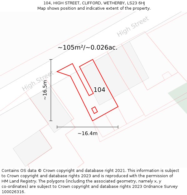 104, HIGH STREET, CLIFFORD, WETHERBY, LS23 6HJ: Plot and title map