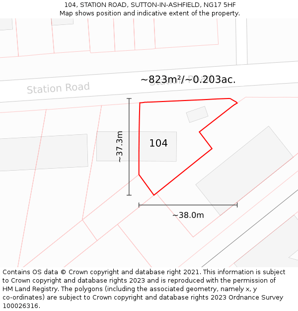 104, STATION ROAD, SUTTON-IN-ASHFIELD, NG17 5HF: Plot and title map
