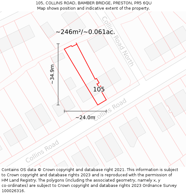 105, COLLINS ROAD, BAMBER BRIDGE, PRESTON, PR5 6QU: Plot and title map