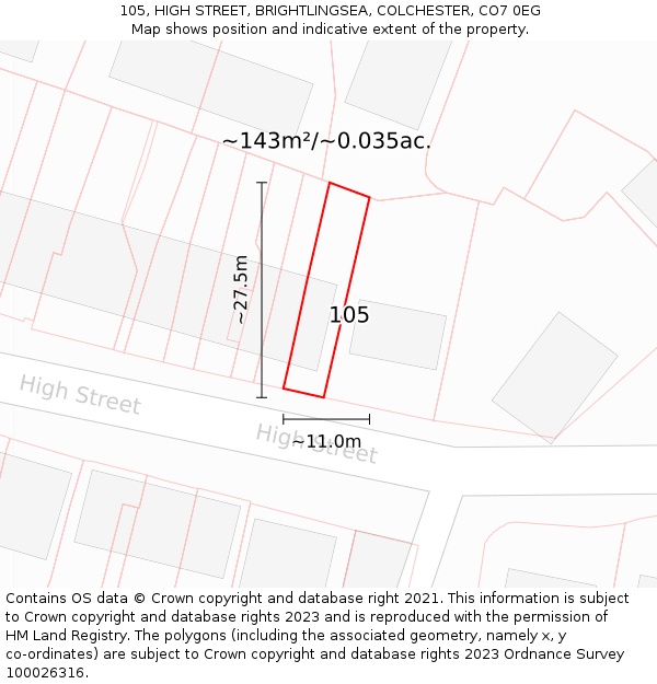 105, HIGH STREET, BRIGHTLINGSEA, COLCHESTER, CO7 0EG: Plot and title map