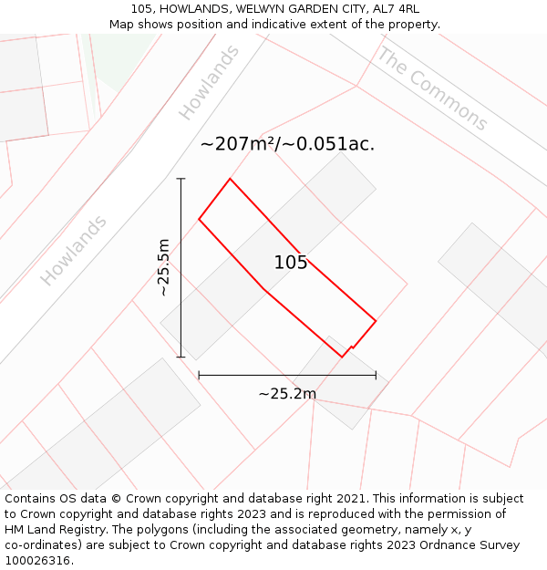105, HOWLANDS, WELWYN GARDEN CITY, AL7 4RL: Plot and title map