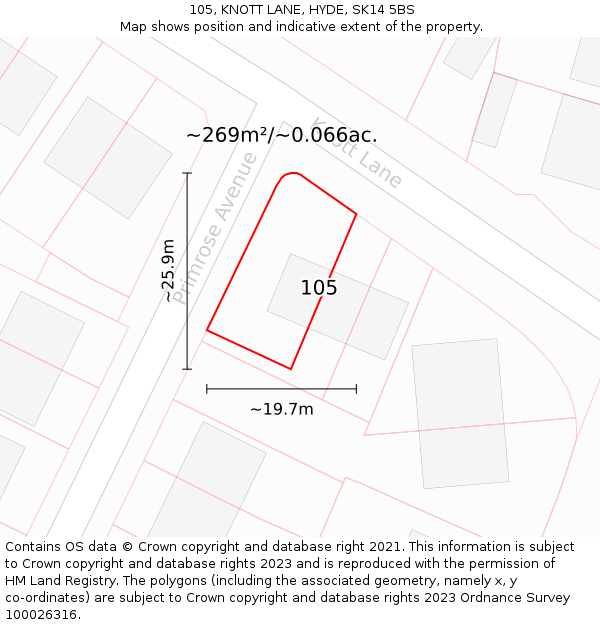 105, KNOTT LANE, HYDE, SK14 5BS: Plot and title map