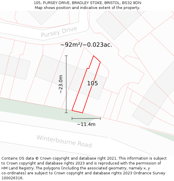 105, PURSEY DRIVE, BRADLEY STOKE, BRISTOL, BS32 8DN: Plot and title map