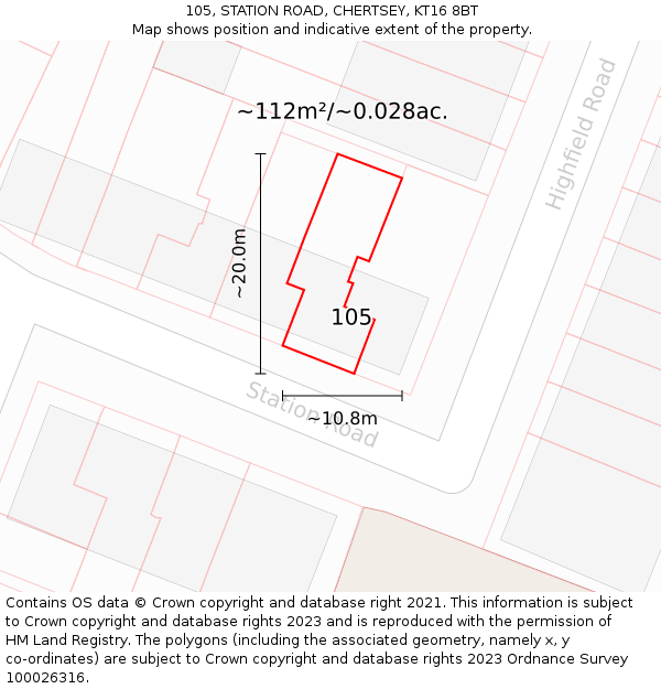 105, STATION ROAD, CHERTSEY, KT16 8BT: Plot and title map