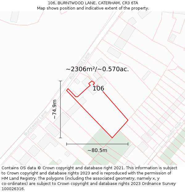 106, BURNTWOOD LANE, CATERHAM, CR3 6TA: Plot and title map