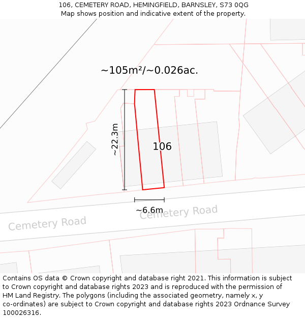 106, CEMETERY ROAD, HEMINGFIELD, BARNSLEY, S73 0QG: Plot and title map