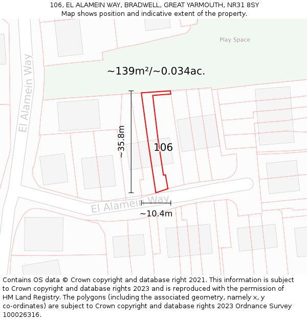 106, EL ALAMEIN WAY, BRADWELL, GREAT YARMOUTH, NR31 8SY: Plot and title map
