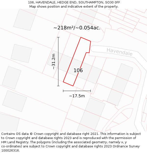 106, HAVENDALE, HEDGE END, SOUTHAMPTON, SO30 0FF: Plot and title map