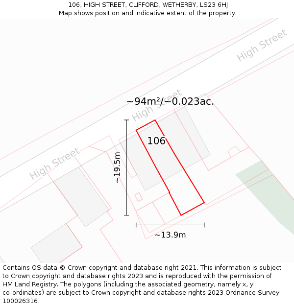 106, HIGH STREET, CLIFFORD, WETHERBY, LS23 6HJ: Plot and title map