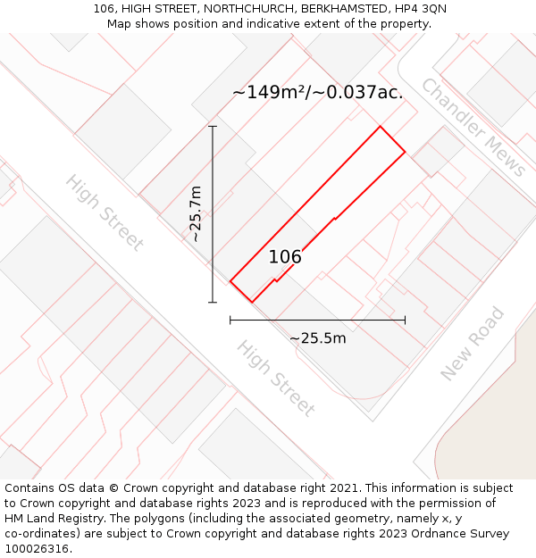 106, HIGH STREET, NORTHCHURCH, BERKHAMSTED, HP4 3QN: Plot and title map