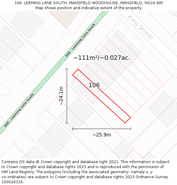 106, LEEMING LANE SOUTH, MANSFIELD WOODHOUSE, MANSFIELD, NG19 9AY: Plot and title map