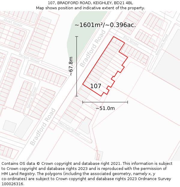 107, BRADFORD ROAD, KEIGHLEY, BD21 4BL: Plot and title map