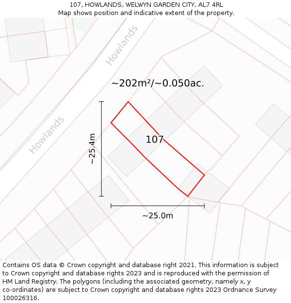 107, HOWLANDS, WELWYN GARDEN CITY, AL7 4RL: Plot and title map