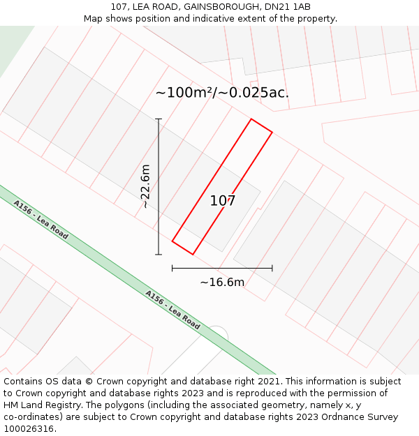 107, LEA ROAD, GAINSBOROUGH, DN21 1AB: Plot and title map