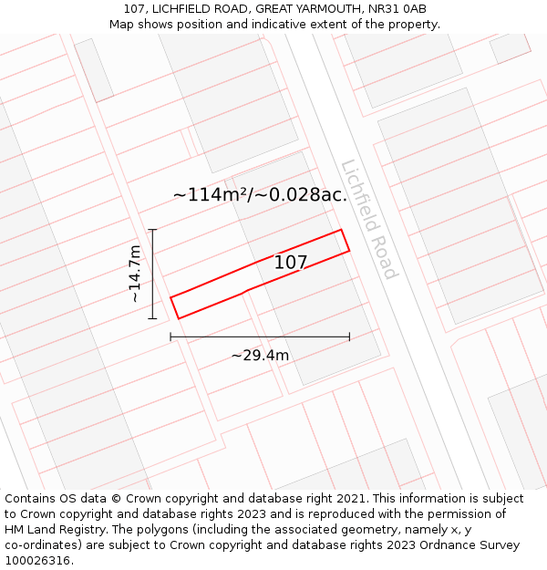 107, LICHFIELD ROAD, GREAT YARMOUTH, NR31 0AB: Plot and title map