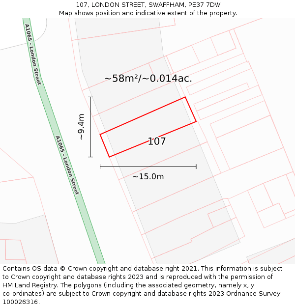 107, LONDON STREET, SWAFFHAM, PE37 7DW: Plot and title map